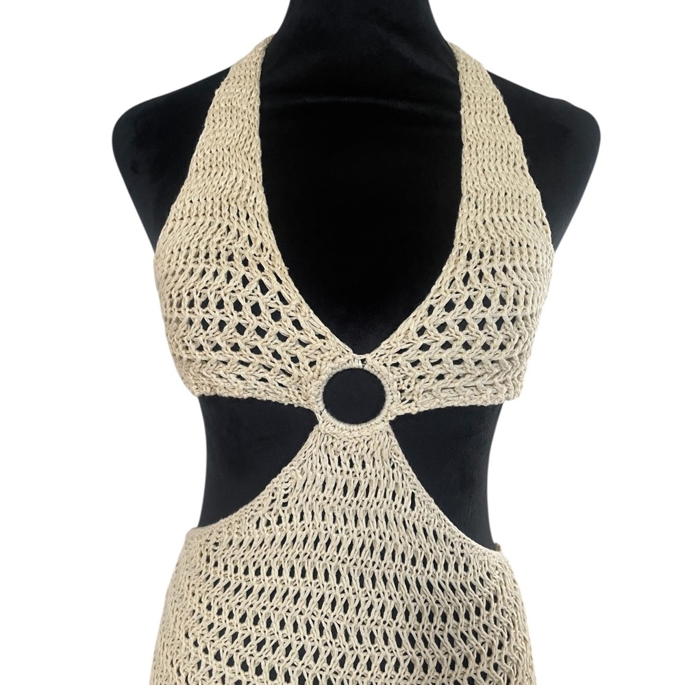 Resort,Vacation,Beach Tan crochet ring cut-out sweater dress,halter,tie,Large - Picture 3 of 8